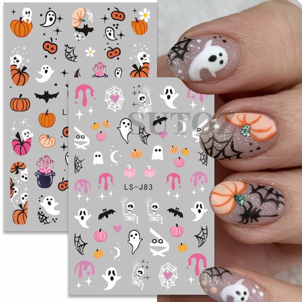 20.23 Million Holy New Nail Art Stickers Halloween Cartoon Ghost Pumpkin Light Spider Web Nail Back Glue Sticker Nail