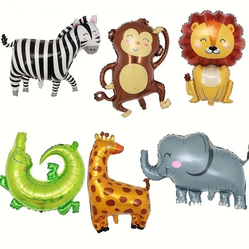 6PCS Cartoon Animal Foil Balloon Set Elephant Zebra Lion Crocodile Jungle Animal Theme Foil Balloons