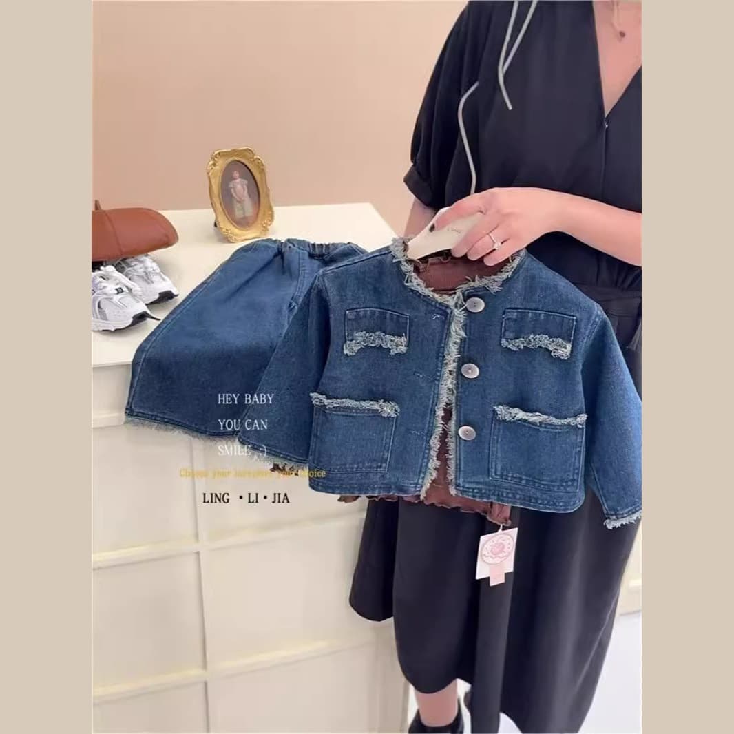 Girls denim suit autumn and winter 2025 washed denim long-sleeved top + wide-leg jeans 2-piece girl jacket
