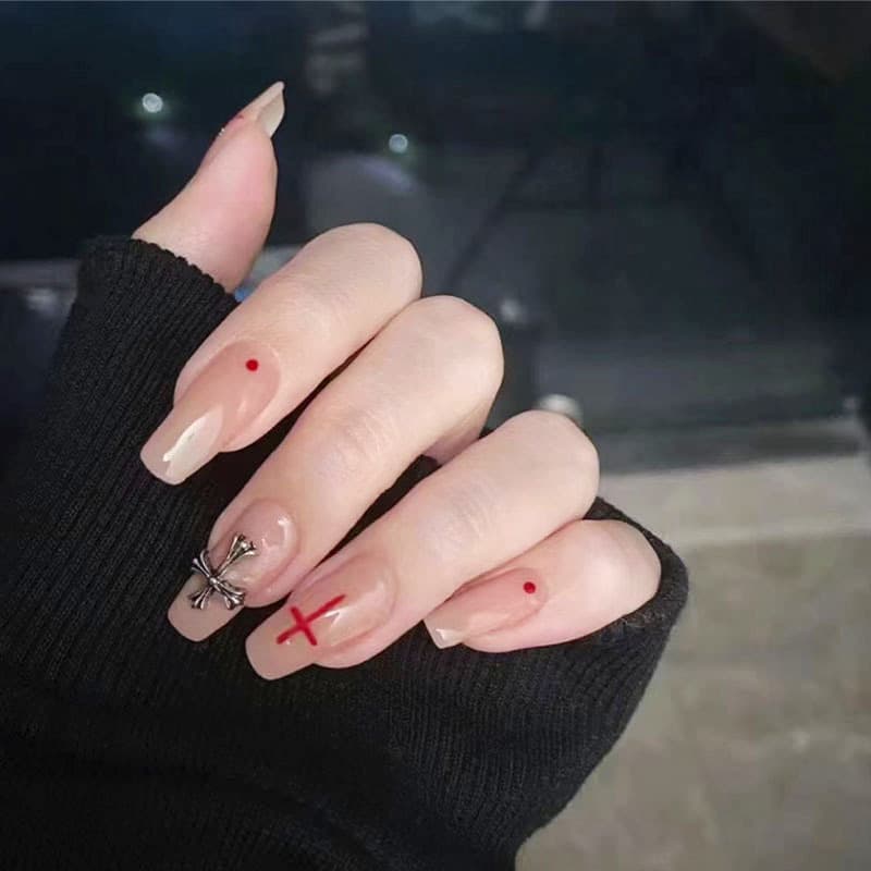 Spicy Girl Pure Desire Handmade Wearable Nails, Visible White Chrome Heart Cross Design Finished Press-On Nails, Wholesale