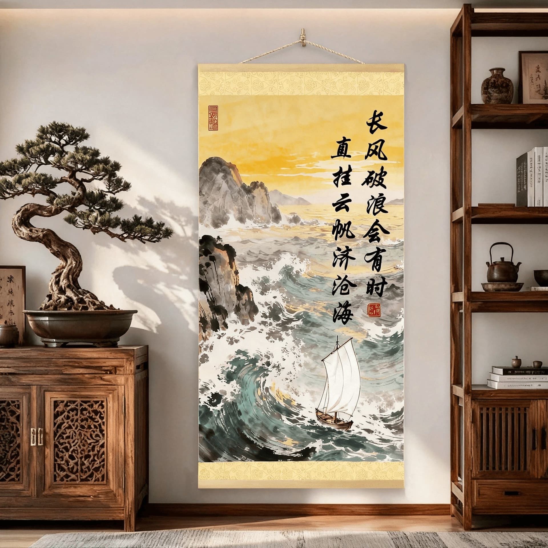 New Chinese Style Scroll Hanging Painting Living Room Study Entryway Wall Decorative Painting Framed Wooden Non-Woven Fabric Print Single Piece K2