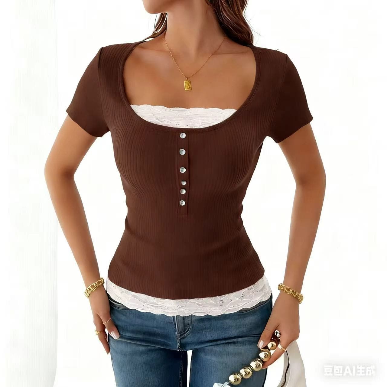European and American Style Fake Two-Piece Short-Sleeve T-Shirt for Women, Lace Top, New Summer Short-Sleeve T-Shirt, Sweet and Spicy Pure Desire Crop Top