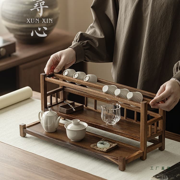 Heart-seeking walnut tea set storage rack, solid wood antique shelf for teapot and cups, double-layer desktop tea station organizer