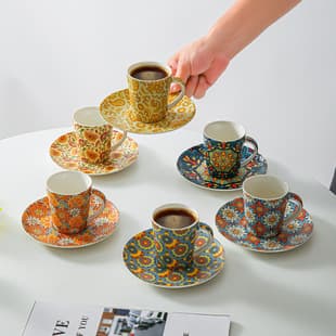 Original Design Bohemian Mandala Ceramic Coffee Cup and Saucer Set Vintage Painted Mug