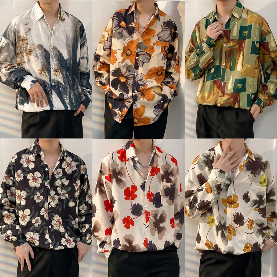Hong Kong Retro Vintage Shirt Floral Hawaiian Cool Loose Couple Long Sleeve Shirt Jacket Streetwear Brand