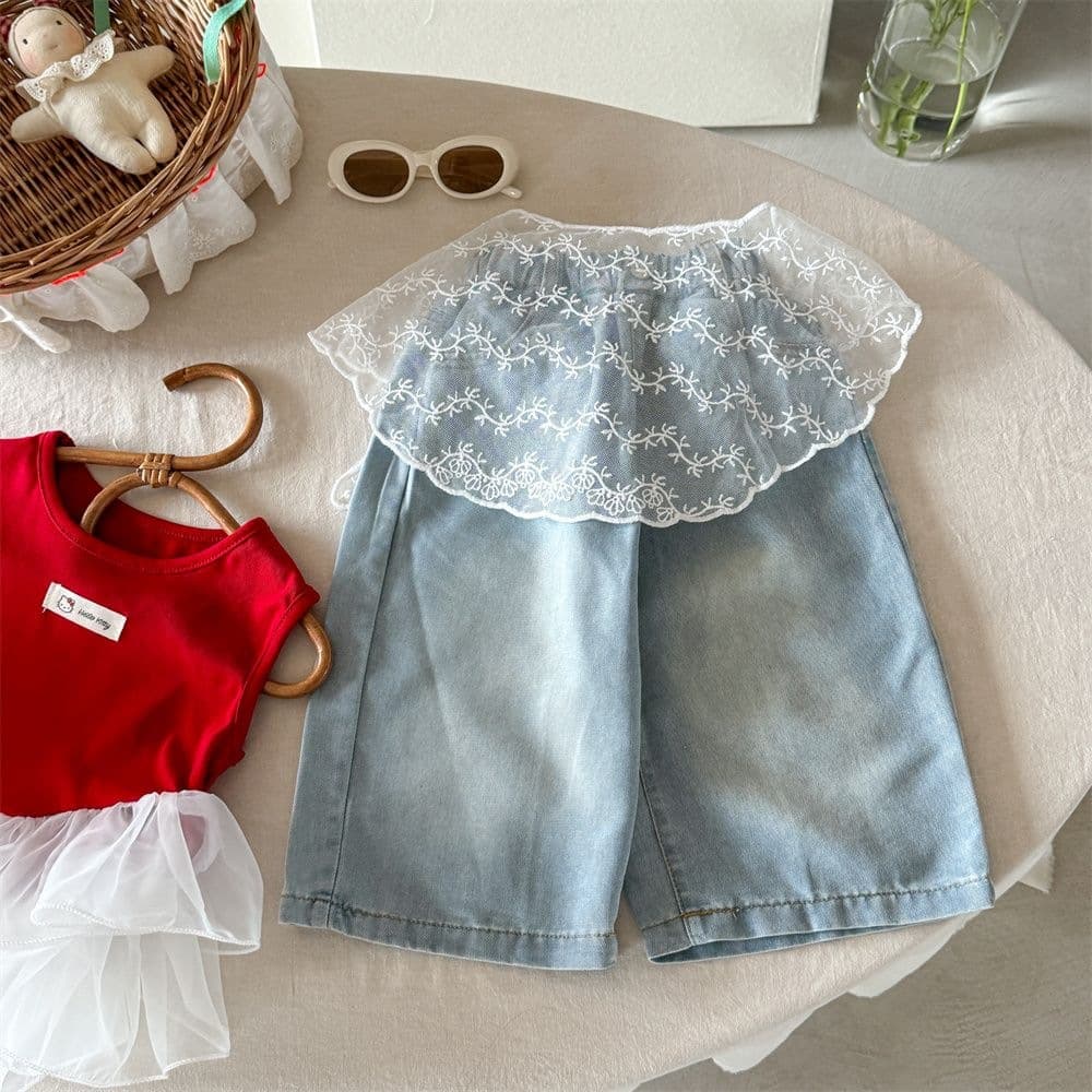 Girls' Western Style Suit Tops Vest Denim Straight Pants 2025 New Sleeveless Summer Spliced Two-piece Trendy Style