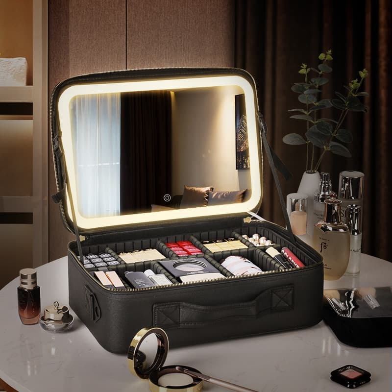 Large Capacity Portable Travel Makeup Bag with Mirror Light and Detachable Divider Cosmetic Storage Bag for Easy Carrying