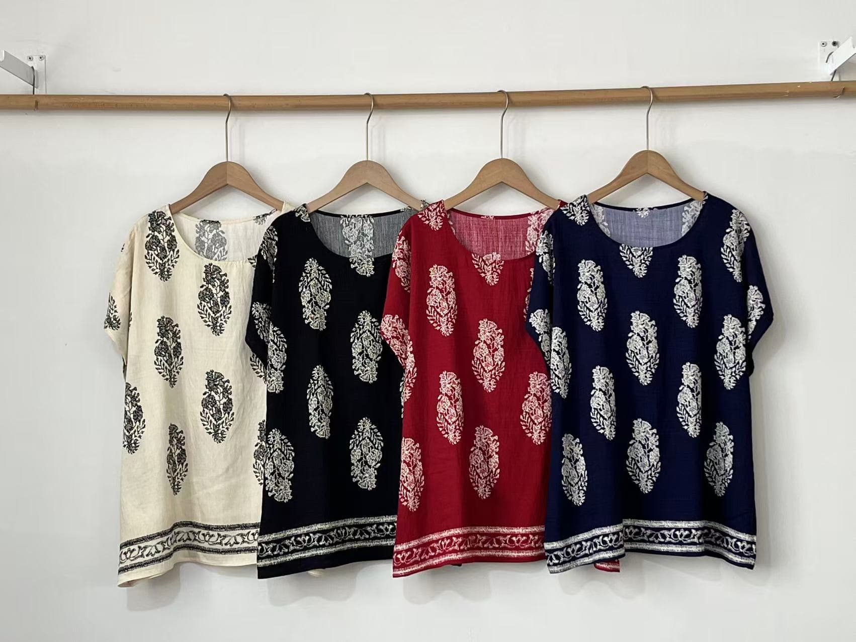 2026 New Women's Tencel Cotton Linen T-Shirt, Round Neck, Retro Floral Print Short Sleeve, Plus Size