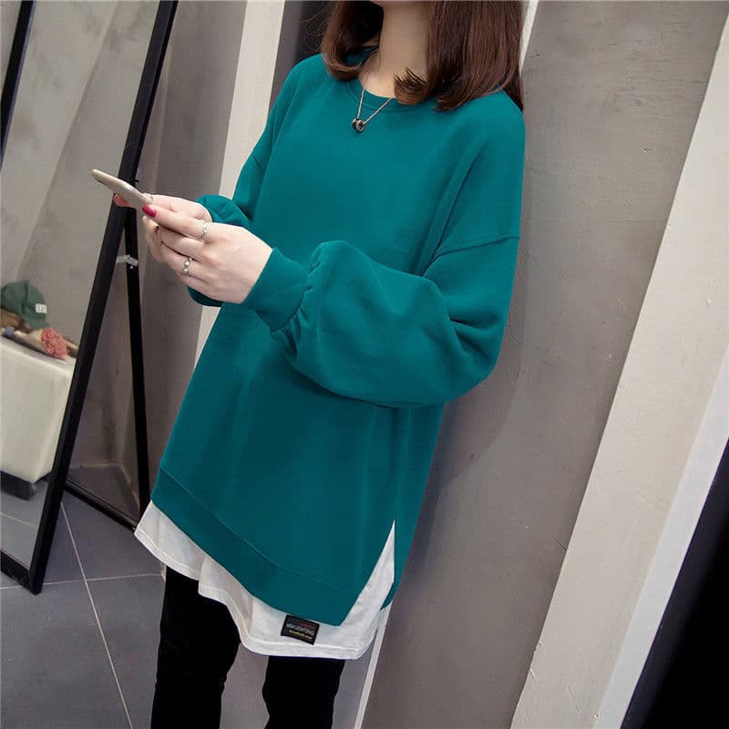 Comfortable Cotton Blend Thin Hoodie Women's Autumn Winter Mid-Length T-Shirt Comfortable Loose Fit Round Neck Long Sleeve