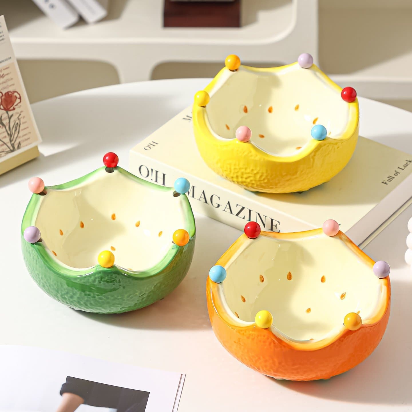 Orange Fruit Bowl Set for Home Living Room Coffee Table, Cute Creative Ceramic Fruit Plate with Stainless Steel Fruit Forks and Storage Jar