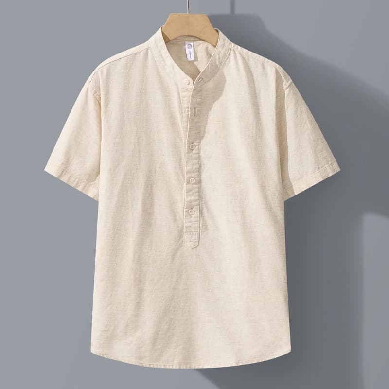 Linen and Cotton Stand Collar Men's Old Money Style Short Sleeve Shirt, Pullover Simple Casual Linen Shirt for Men, Summer Thin Style 208
