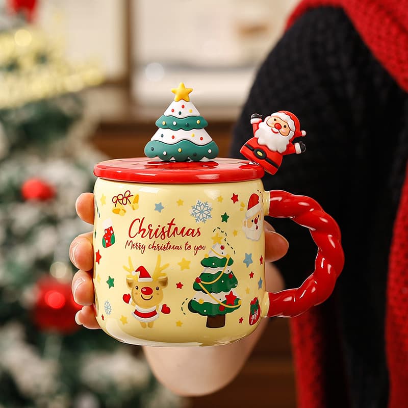 Creative Christmas Ceramic Mug with Lid and Spoon Cartoon Santa Claus Water Cup Gift Box Set Holiday Souvenir Gift
