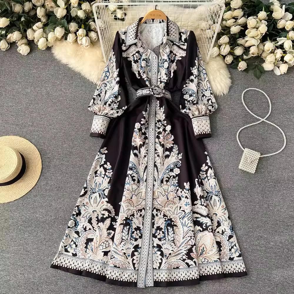 Spring/Autumn New Lantern Sleeve Turn-down Collar Single-breasted Printed Dress Women Waist-cinched Flared Court Style Long Skirt Trendy