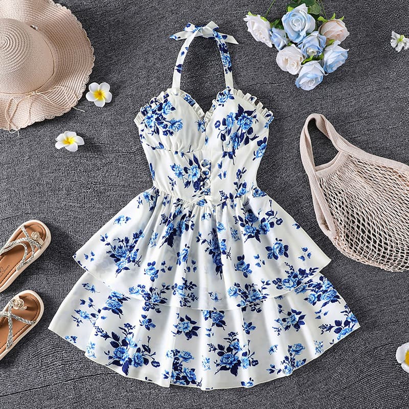 2026 Summer Amazon New Hot Selling Vacation Style Vintage Blue Rose Halter Sleeveless Ruffle Girls Dress