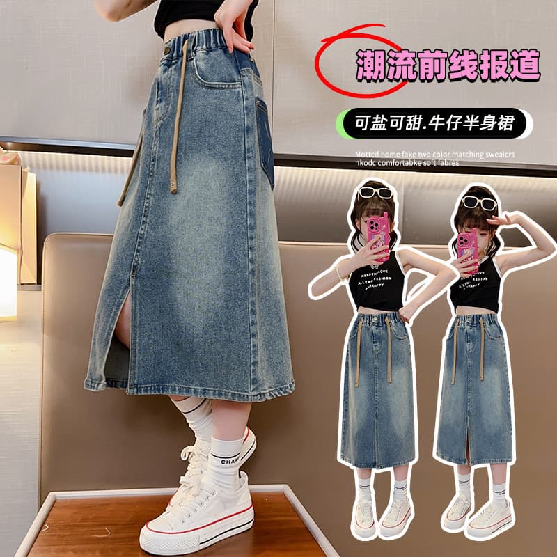 Girls Denim Skirt 2026, Midi Skirt for Older Kids, Fashionable Split Skirt, Children's Clothing Trend