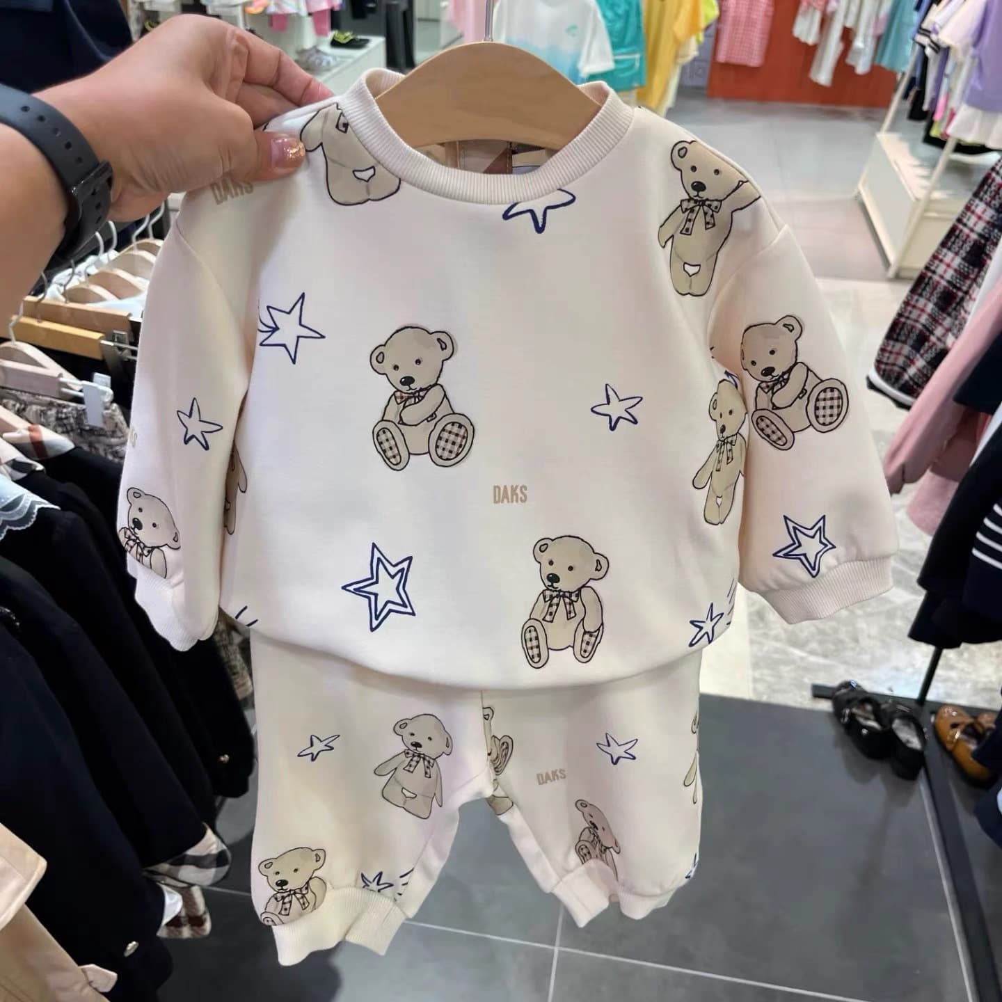 Daks Korean Style Children's Wear 2025 New Unisex Cute Cartoon Bear Print Hoodie and Pants Outdoor Casual Set