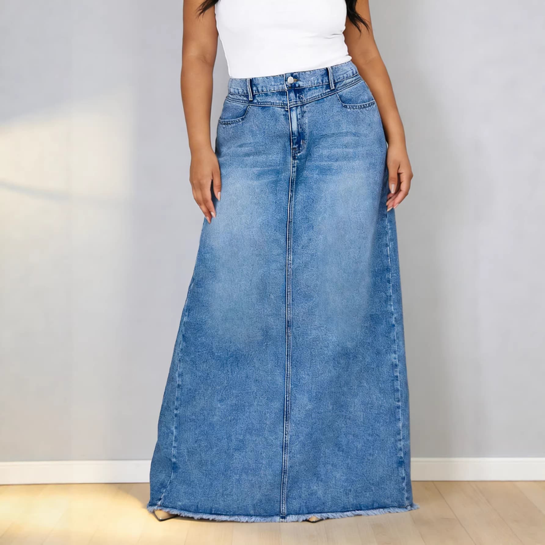 European and American Plus Size Women's Denim Skirt, Elastic Waist, Loose Fit, Casual, Versatile Fringe Long Skirt for Overseas Trade, Plus Size