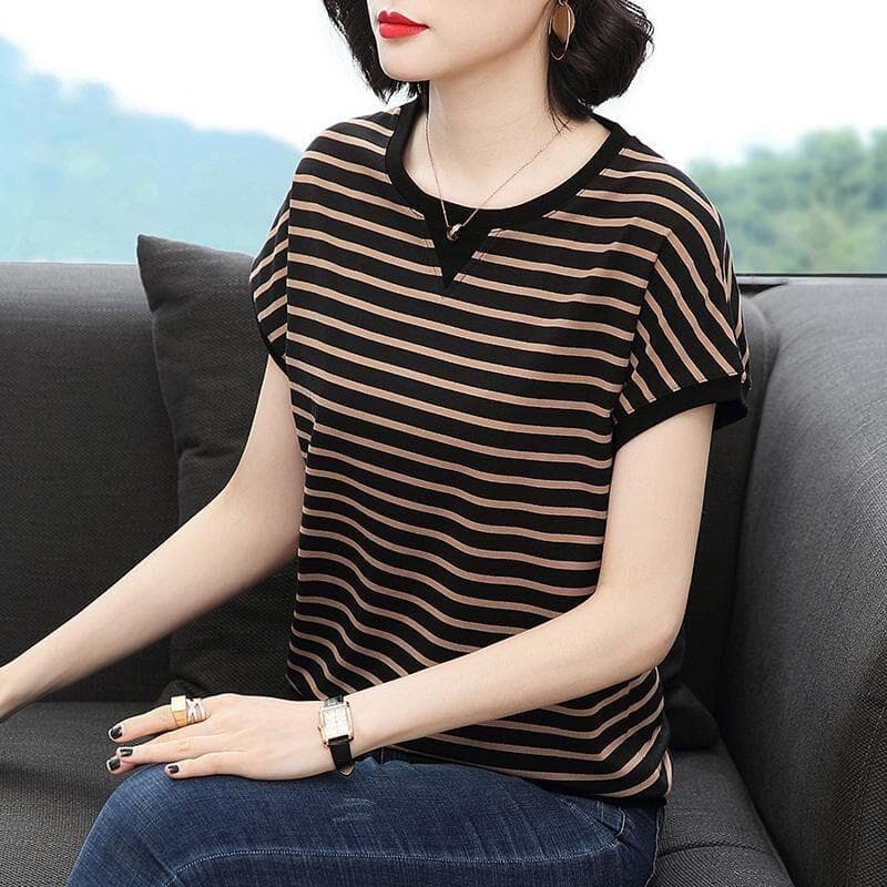 Women's Short Sleeve Striped Loose Top, Plus Size, New Korean Style Summer Blouse for Middle-Aged Mothers, Half-Sleeve Shirt