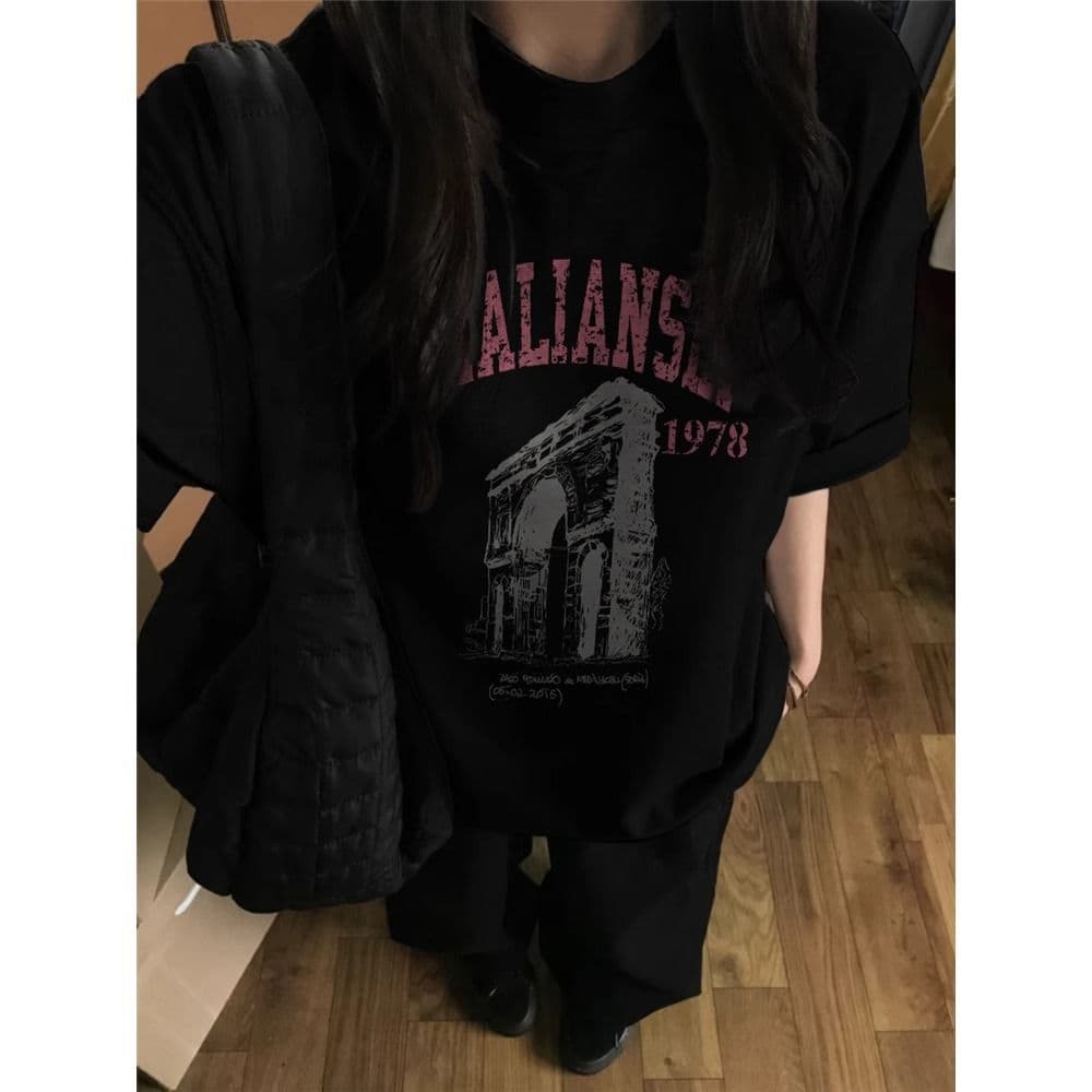 Heavyweight pure cotton European American trendy short-sleeve T-shirt for women, design feel niche, oversized loose high street T-shirt