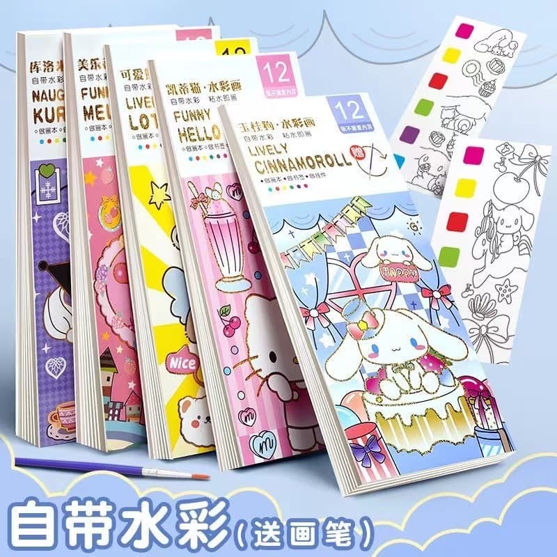 Sanrio's own paints coloring book, light watercolor painting, gouache painting, drawing book, sticky notes