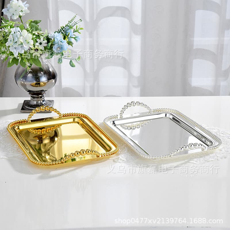 European Style Metal Silver-Plated Beaded Square Tray Fruit Plate Baking Cake Dessert Tray KTV Supplies