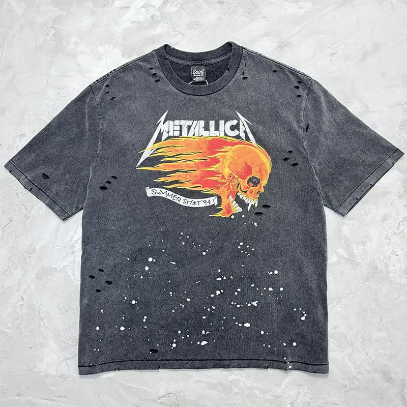 Saint Metallica 1994 Summer Tour Flaming Skull Vintage Destroyed Short Sleeve T-Shirt