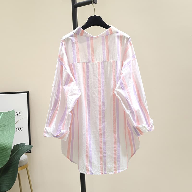 Spring-Autumn Color-Block Vertical Stripe Shirt for Women, New Korean Loose Thin Design Sense Blouse, Mid-Length Top, Versatile
