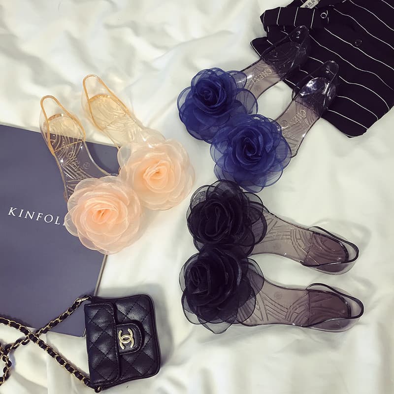 New Women's Sandals Rose Flat Shoes Summer Jelly Transparent Fish Mouth Shoes Fashionable Outer Wear Crystal Shoes Foreign Trade Shoes