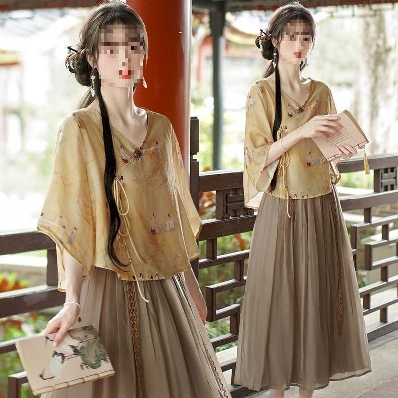 Spring/Summer New Style New Chinese Style National Print Diagonal Collar Three-Quarter Sleeve Shirt Collar Tie-Dye Bell Sleeve Two-Piece Set Hanfu