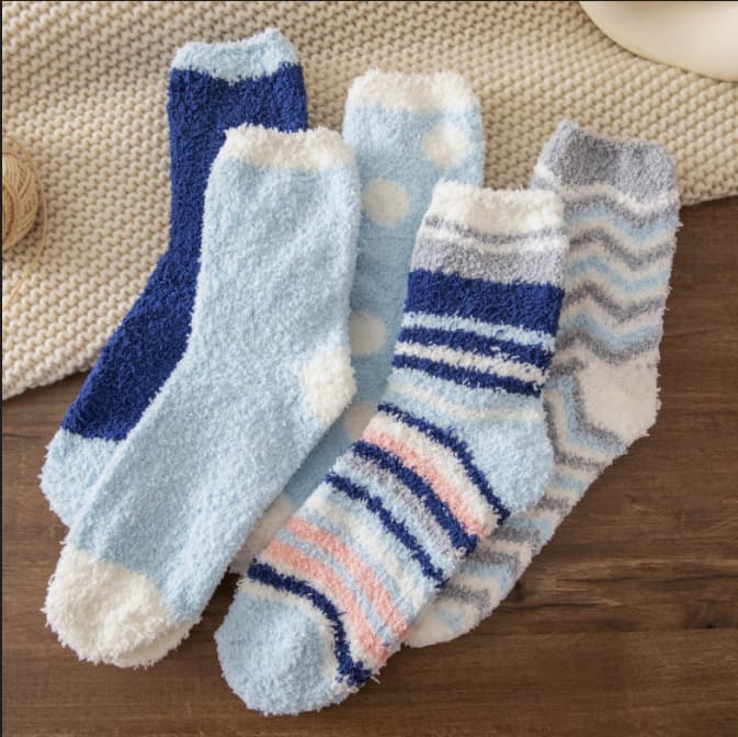 Thickened Fleece Sleep Socks Blue Striped Floor Home Comfort Warm Half Fleece Winter Cotton Leisure Socks for Men And Women