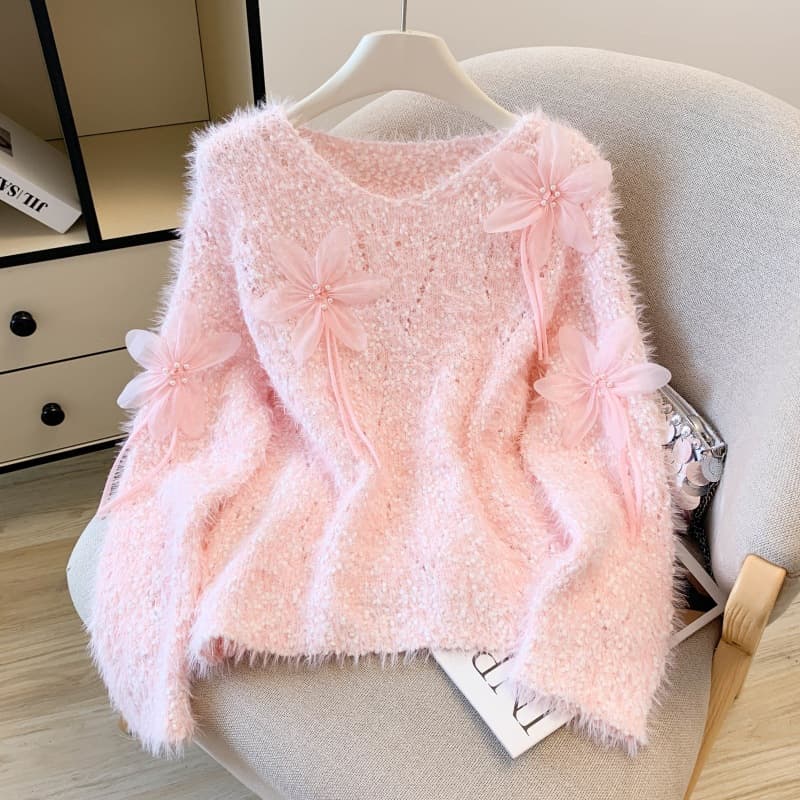 2026 Spring and Autumn Imitation Mink Velvet Soft Waxy Collar Pullover Knitted Sweater Women's French Design Beaded Flower Top