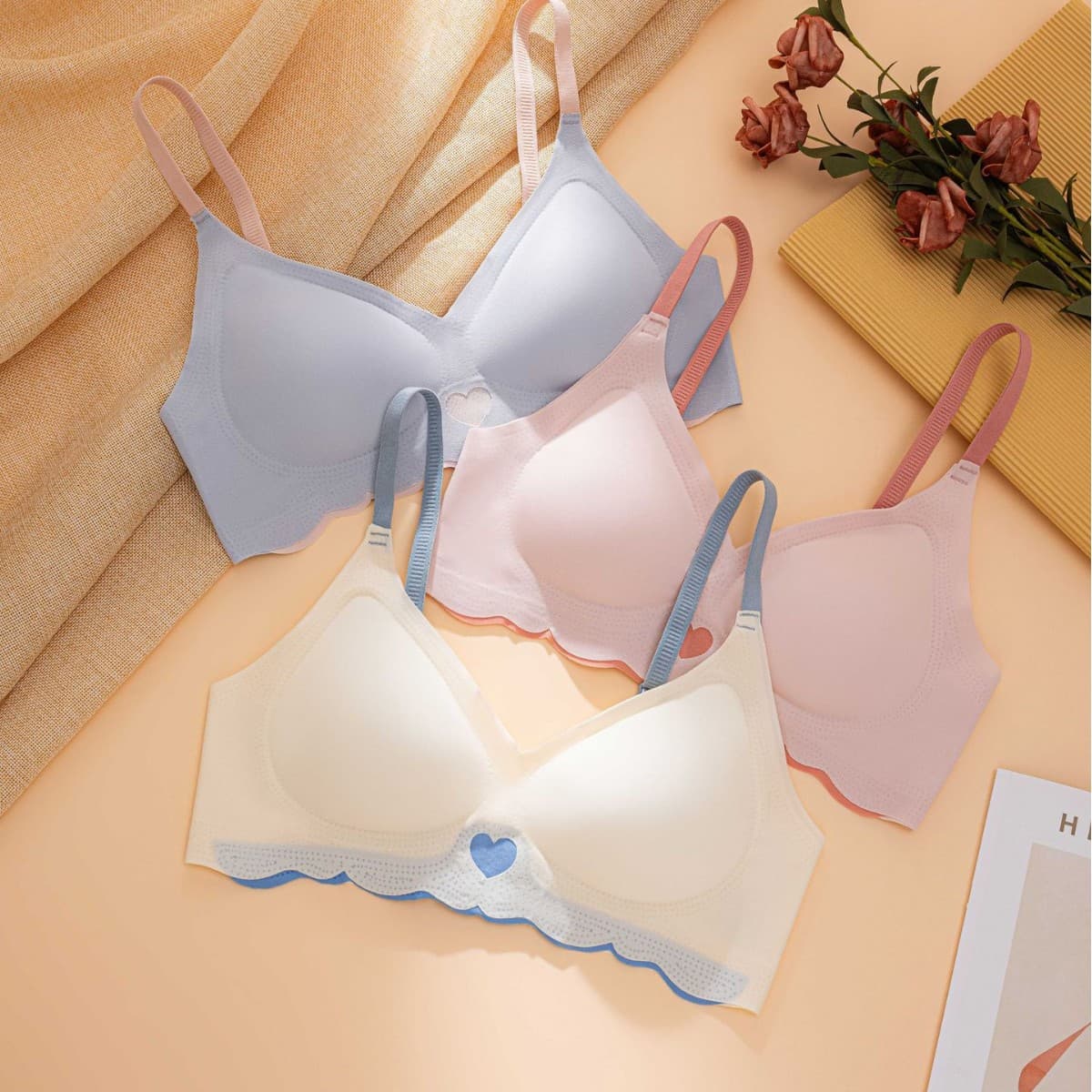 Cross-border one-piece wave heart-shaped thin seamless bra for women with small breasts, push-up and beautiful back, student wire-free bra