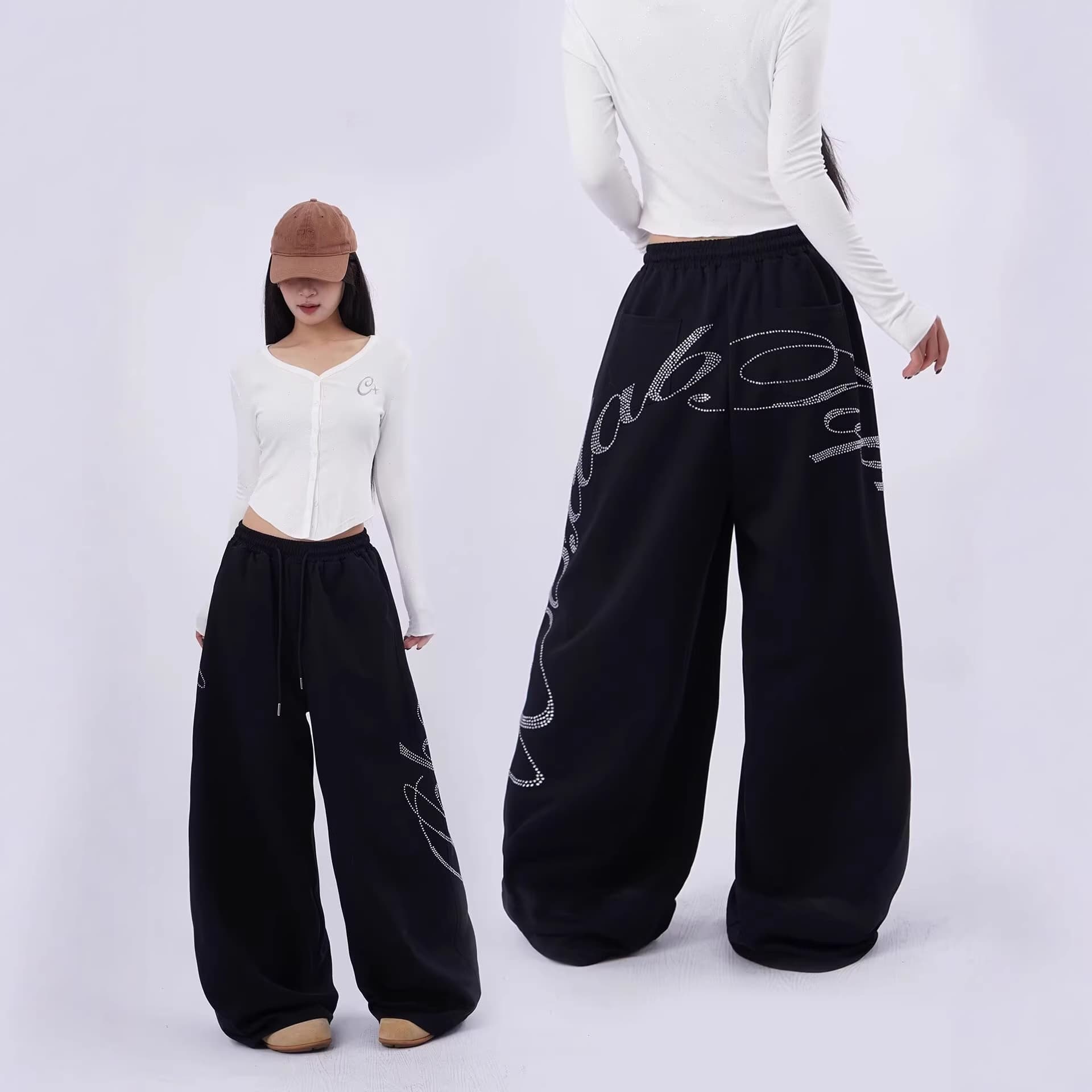 American Retro Rhinestone Black Casual Pants, Trendy Design Loose Wide Leg Pants, Street Dance Jazz Dance Straight Leg Long Pants