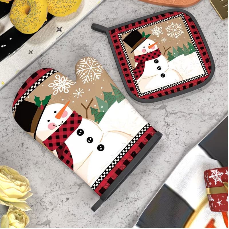 Christmas themed insulating anti-scalding gloves thickened high temperature resistant oven gloves microwave oven snowman pattern customization
