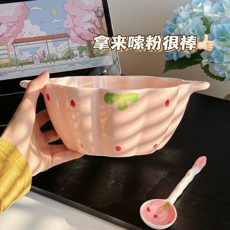Girls' Style Wavy Petal Ceramic Soup Bowl Double-Handle Anti-Scald Large Bowl High-Appearance B&B Noodle Shop Tableware Bulk Wholesale