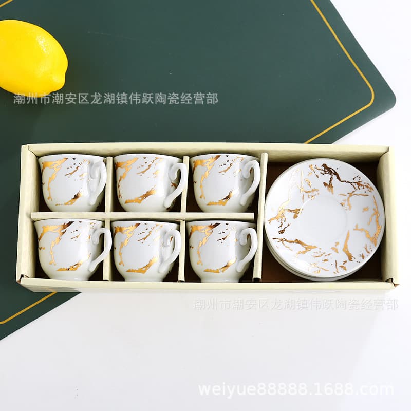 European Marble Ceramic Coffee Cup and Saucer Set, Export Mug, Middle Eastern Arabic Tea Cup, 12-Piece Gift Set