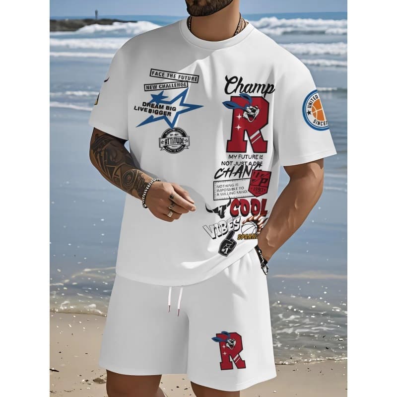 New Summer American Street Style Men's Graphic Letter Print Crew Neck T-Shirt and Shorts Set Outdoor High-Street Wear.