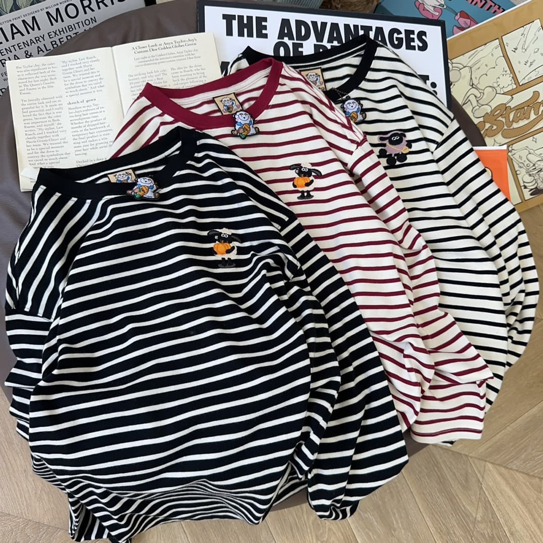 Paper bag house! yongwill lamb paper bag home heavy industry embroidered striped long-sleeved T-shirt inner layer for women