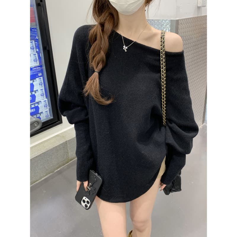 In Stock, Best Price: Early Spring Korean Loose Off-Shoulder Batwing Sleeve Andi Fleece Knit Sweater Long-Sleeve Top for Women