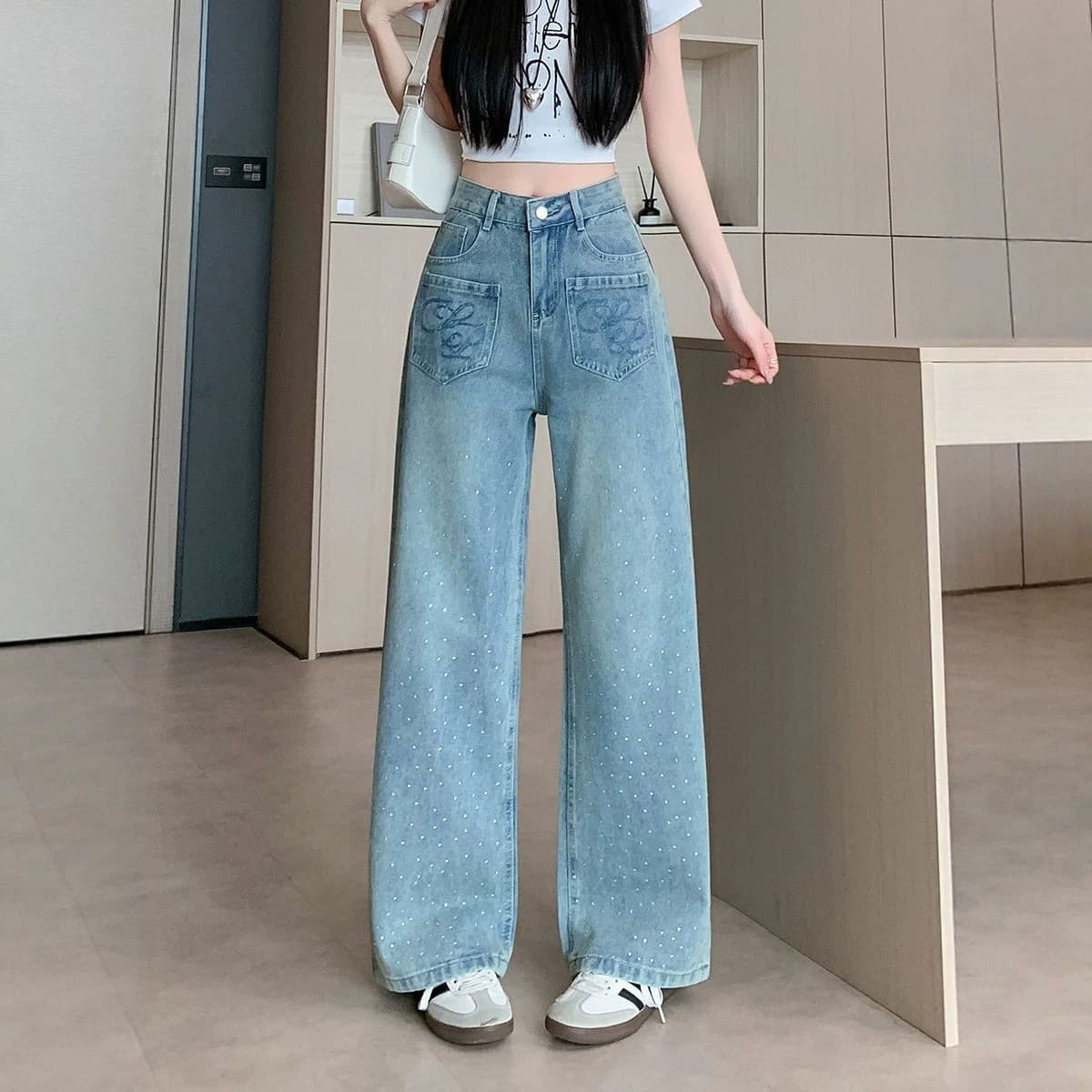 Sweet Cool Hot Girl American Style Hot Diamond Jeans Women's Autumn New Heavy Industry Starry High Waist Loose Wide Leg Pants