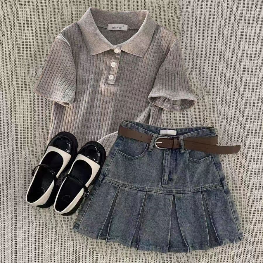 Girls 2024 Salt-Style Polo Shirt Denim Summer Pleated Skirt New Short Skirt Anti-Exposure High-Waist Slimming Skirt