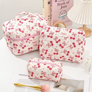 Beige Luggage Simple Fresh Cherry Bow Makeup Bag Large Capacity Multi-functional Storage Bag Cross-border Supply