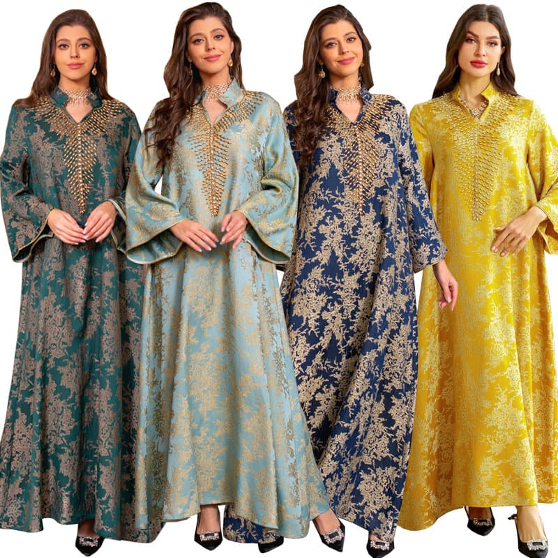 AB350 2025 Summer New Cross-Border Evening Dress Jacquard Embroidered Dress with Beaded Fashion Kaftan Long Dress