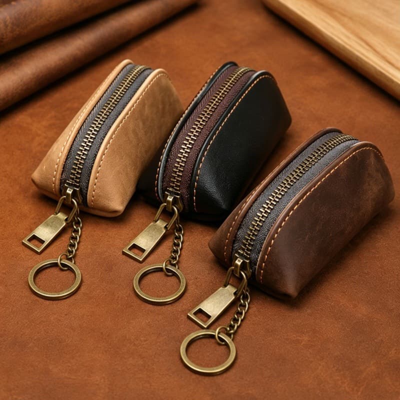 Japanese Vintage Men's Genuine Leather Coin Purse Crazy Horse Top-Grain Leather Key Holder Multi-Functional Portable Organizer Pouch