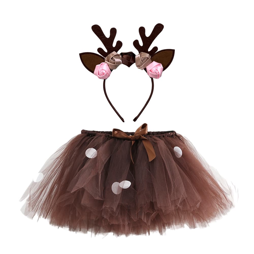 Round Sequins Girls' Skirt with Headband, Children's Reindeer Girl Hand-Tied Puff Skirt Tutu Set