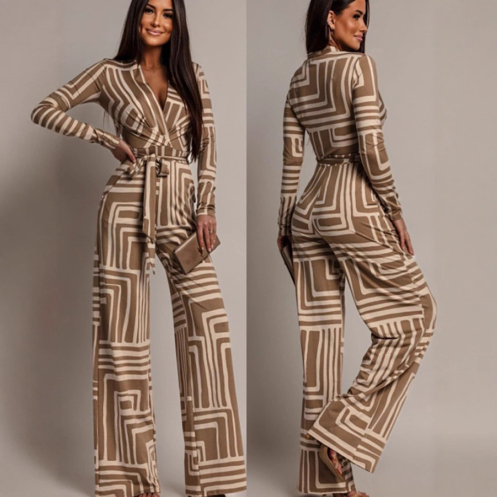 Cross-border European and American Women's Clothing Amazon Wholesale Source Long-Sleeve Jumpsuit Straight-Leg Pants Deep V-Neck Slim-Fit Wide-Leg Jumpsuit