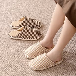 Home cotton-linen closed-toe slippers, couple style, wood floor use, postpartum, men's anti-slip, autumn/winter cotton slippers for women, simple Japanese-style slippers