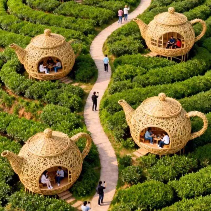 Creative Rattan-Woven Large Simulated Teapot-Shaped Outdoor Pavilion Leisure House Scenic Bamboo-Woven Pavilion Installation