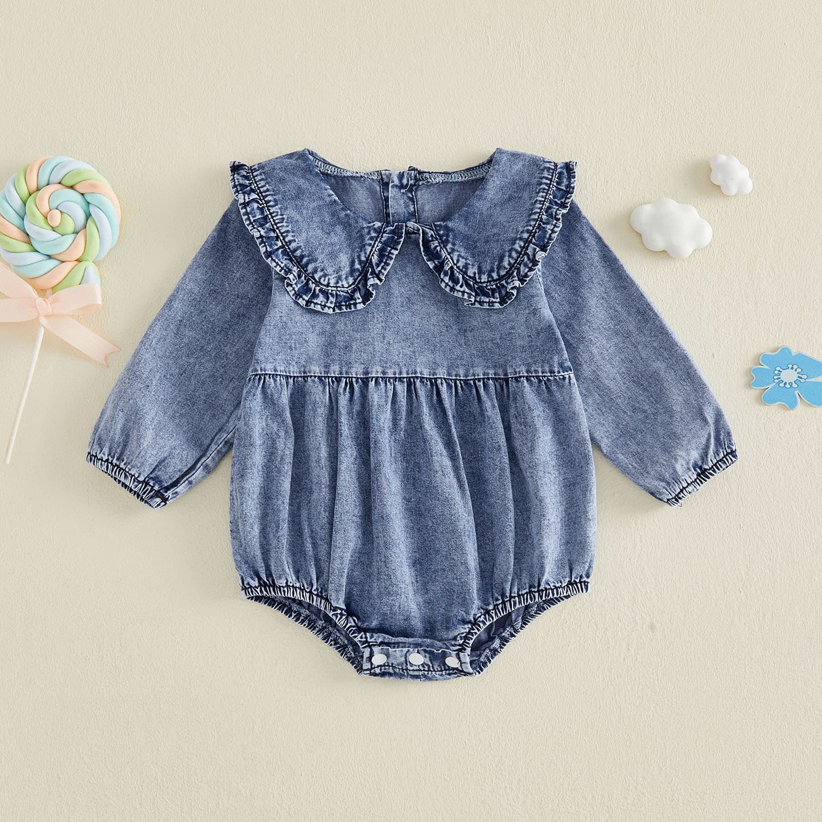 Baby Thin Denim Romper for Spring and Autumn, Newborn Girls' Doll Collar Long-Sleeve Solid Color Bodysuit