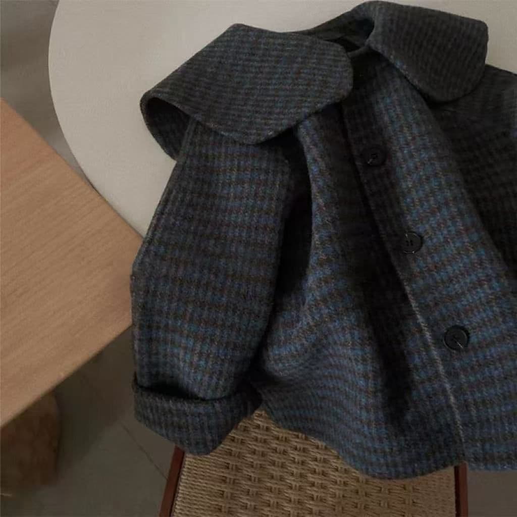 2025 New Girls' Plaid Autumn/Winter Wool Quilted Jacket, Lapel Short Style Navy Collar Chic Fashionable Coat